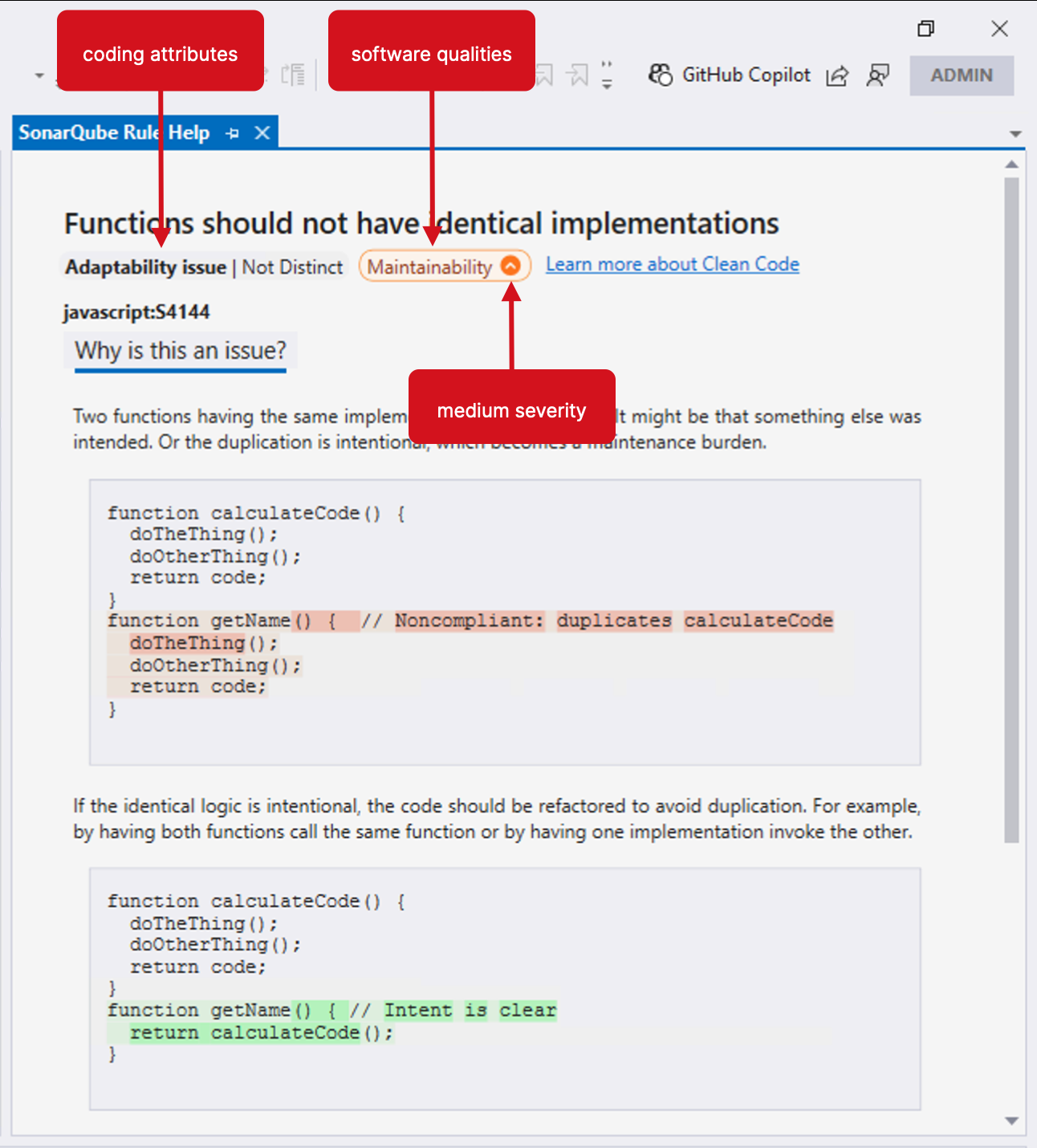 Coding attributes and software qualities appear in the SonarQube Rule Help view. Your actual view may be different because when running in connected mode with SonarQube Server, the server's mode is respected.