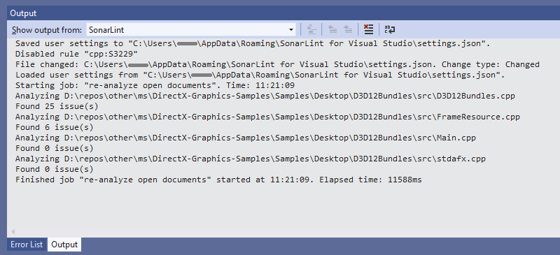 The Output window will give you the analysis logs in more detail.