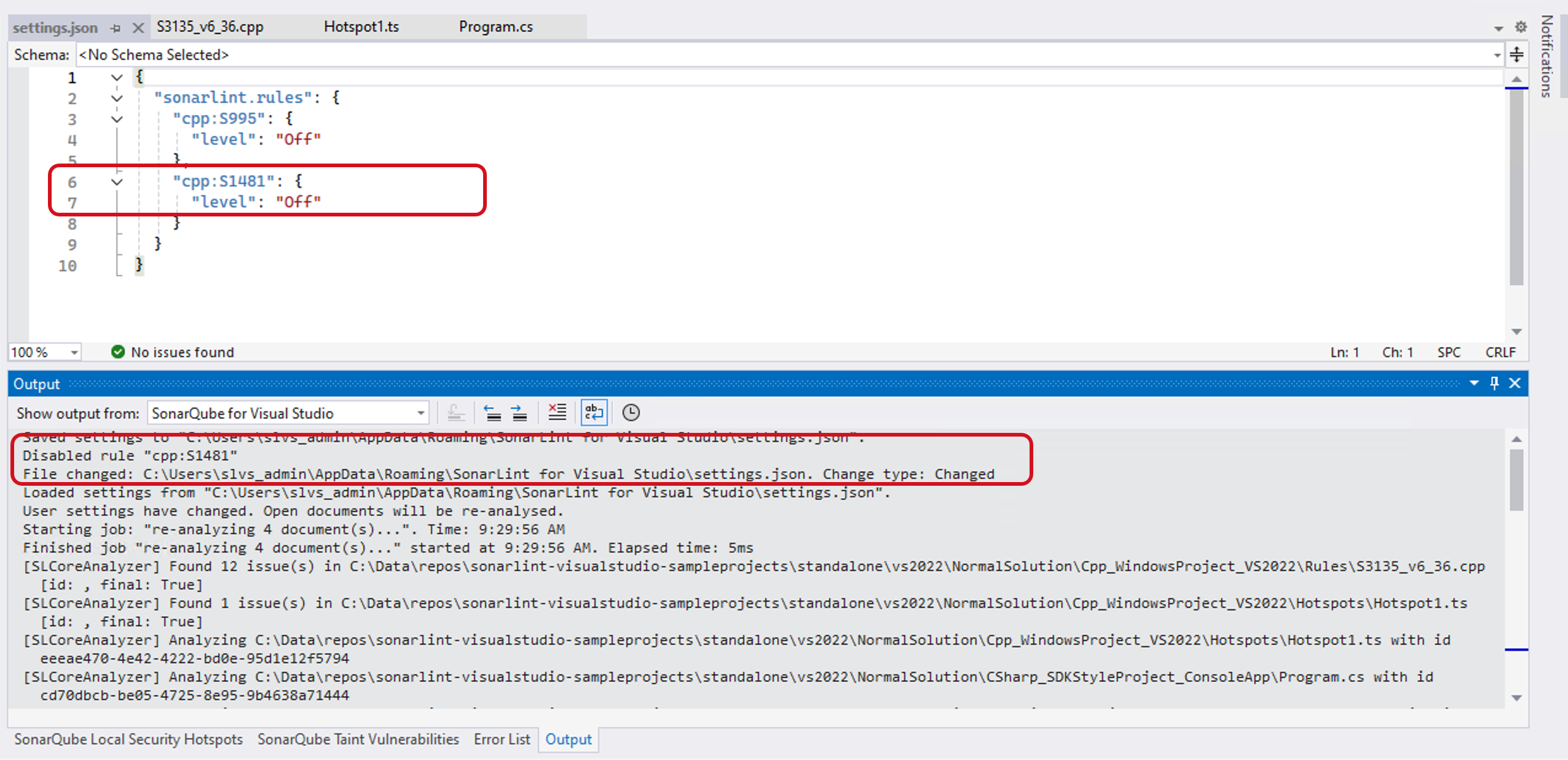 Your recently disabled rule will automatically be added to the settings.json file, and the SonarQube for Visual Studio output window will give you the analysis logs in more detail.