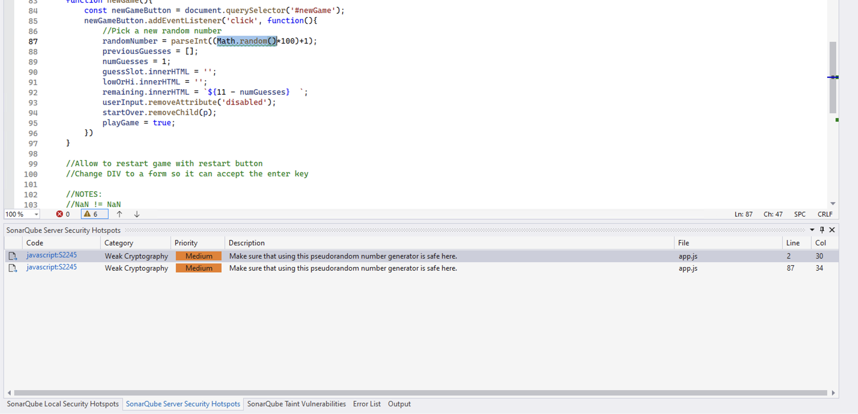When using the Open in IDE feature from SonarQube Server, SonarQube for Visual Studio will give you more information about the hotspot in the SonarQube Server Security Hotspots tool window.