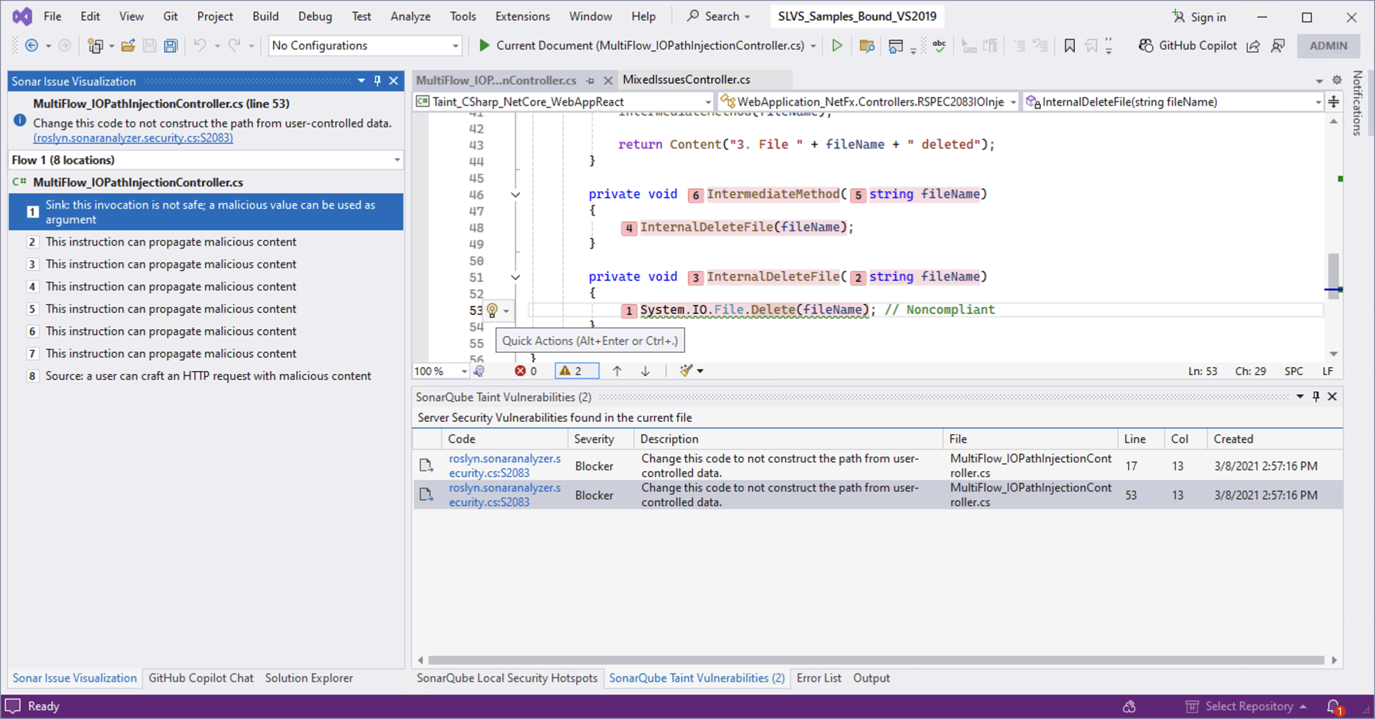 Secondary issue locations found by SonarQube Server or Cloud will be visualized in the Visual Studio code editor.