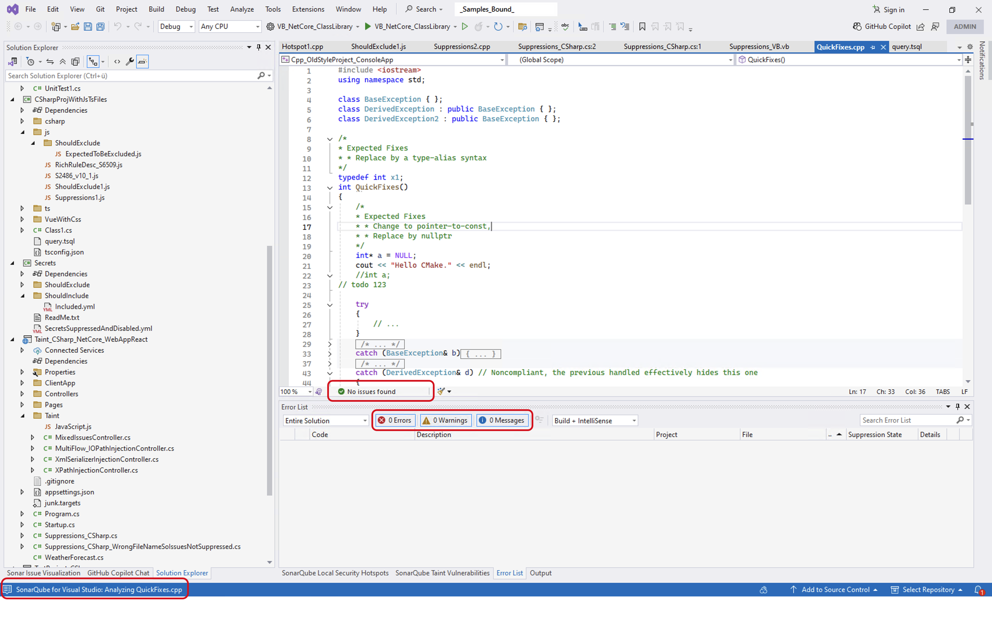 SonarQube for Visual Studio is analyzing your project and will report CFamily issues as it discovers them.