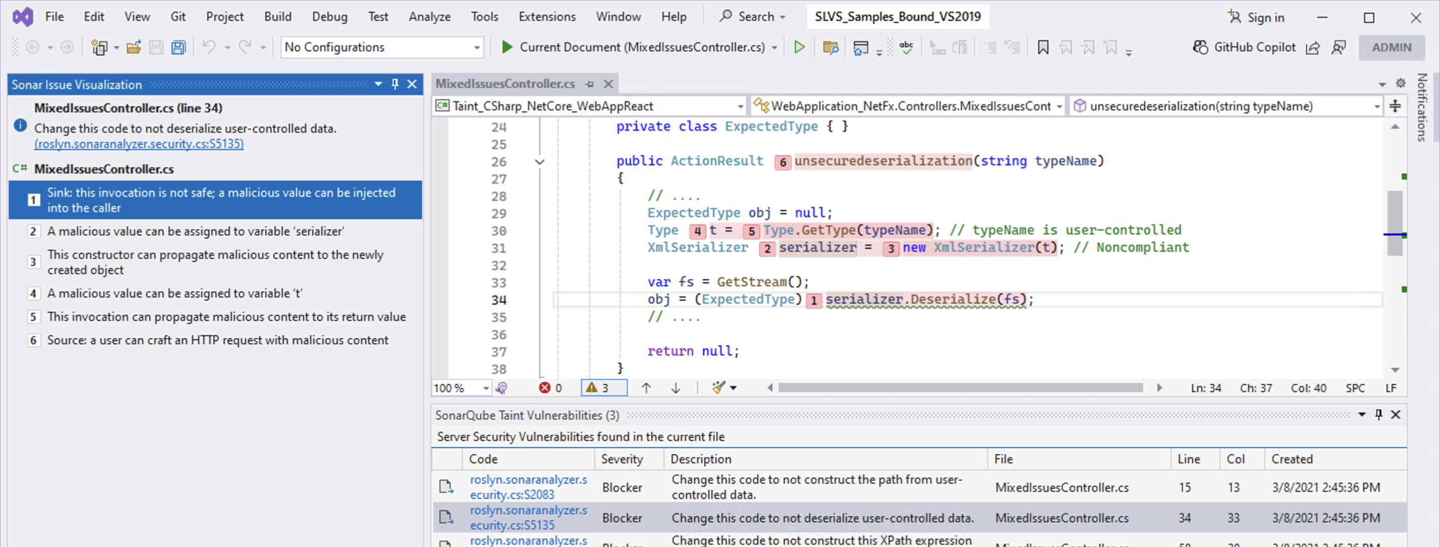 The Sonar Issue Visualization window will give you more details about secondary locations for taint vulnerabilities.