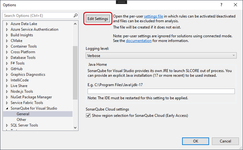 It is possible to edit the SonarQube rule settings.json file directly in the IDE.