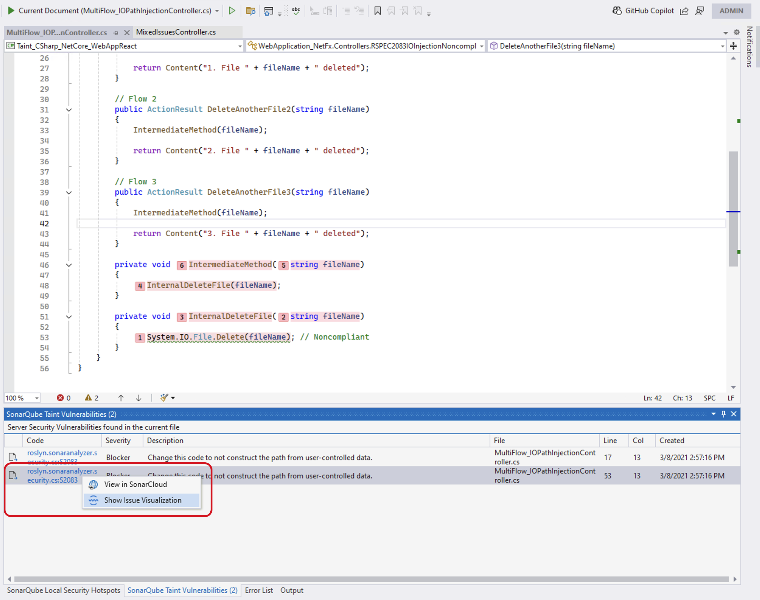 Sonar's Issue Visualization window will reveal more information about issues with secondary locations.