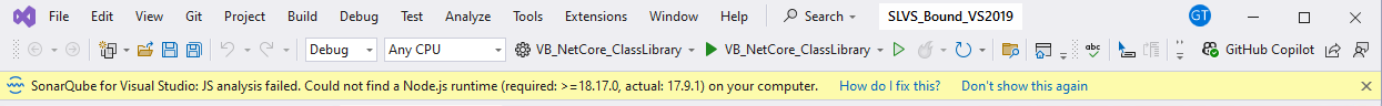 Your JS/TS analysis will fail if SonarQube for Visual Studio cannot find a supported version of Node.js on your computer.