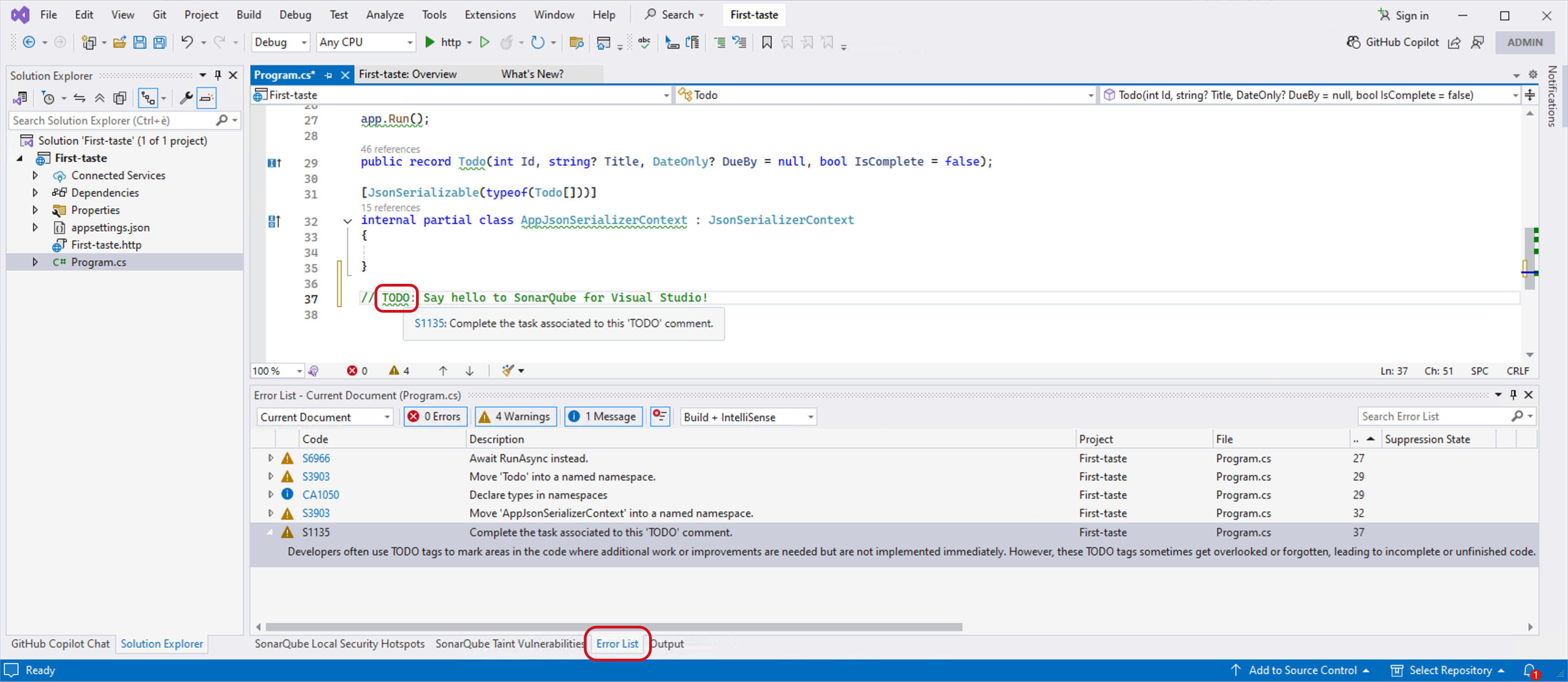 Your first taste of SonarQube for Visual Studio will be highlighted with squiggles and an issue description in the Error List view window.