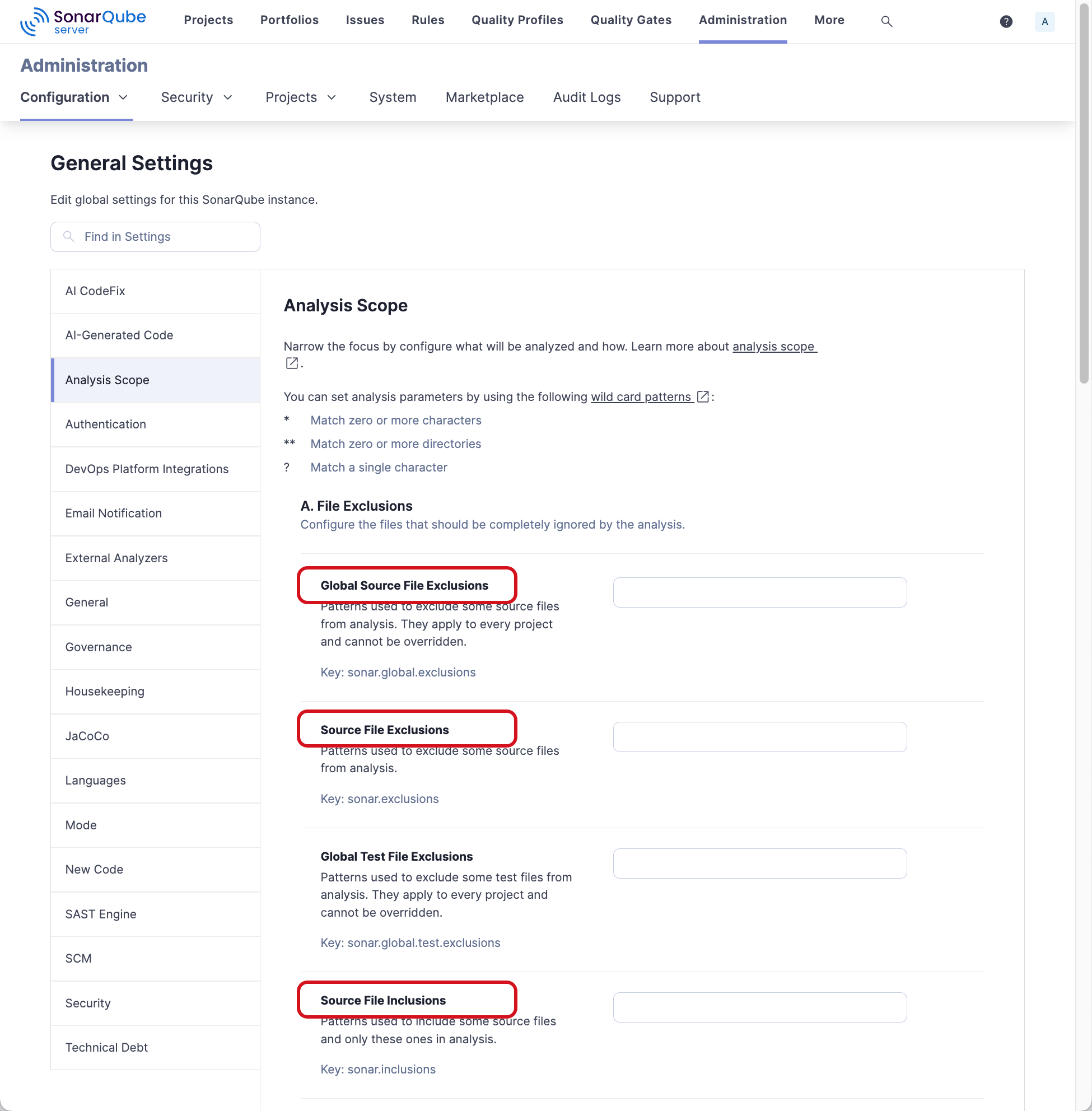 File exclusions, if you have any, must be defined on the SonarQube Server or Cloud server.