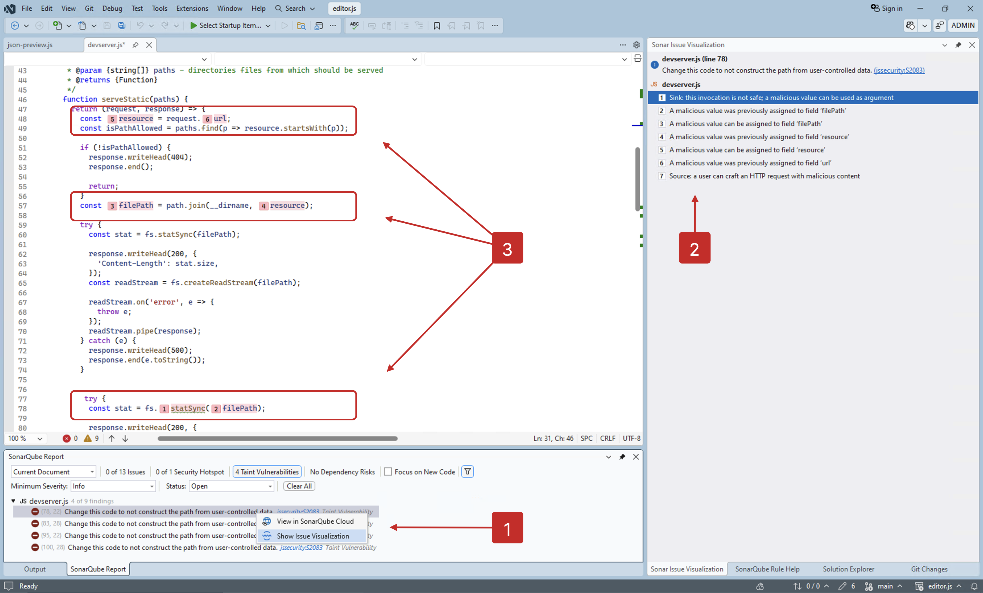 Sonar's Issue Visualization tool window will reveal more information about issues with secondary locations.