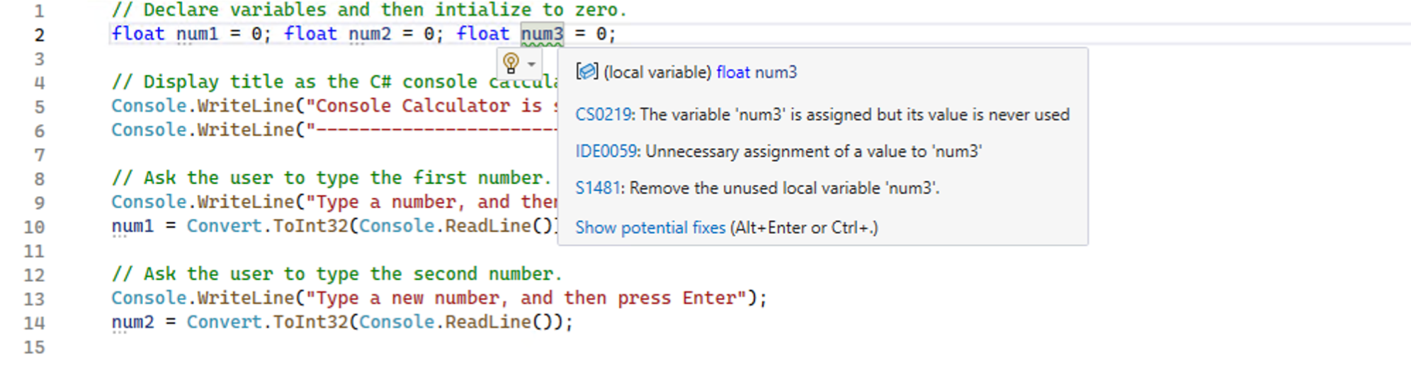Hover over an issue, identified by the squiggles, to see the Sonar Rule description.