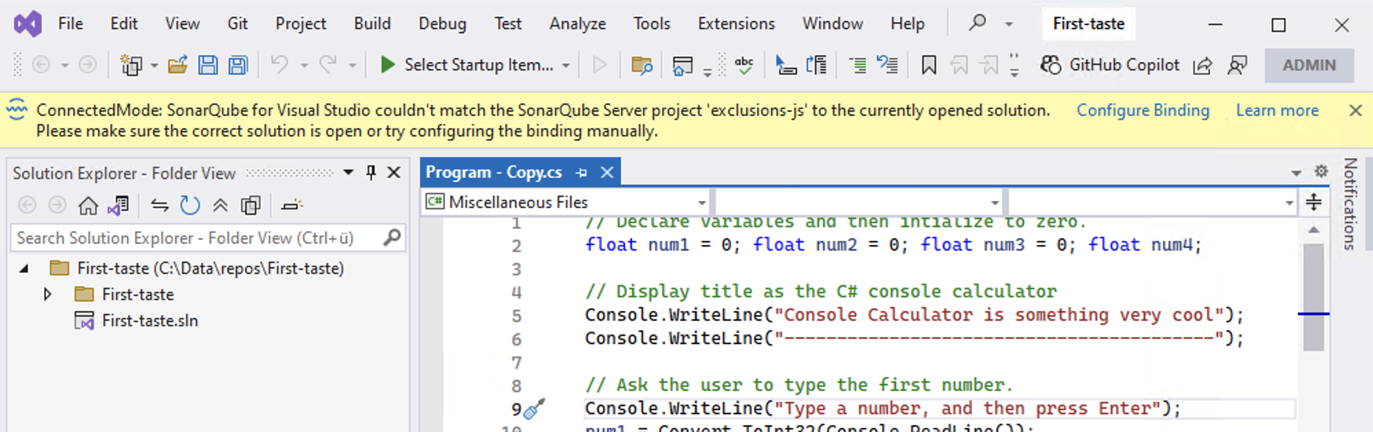 SonarQube for Visual Studio will give you a gold bar to if your Open in IDE request fails. Check which project you have open or use the Configure Binding link to set up connected mode.