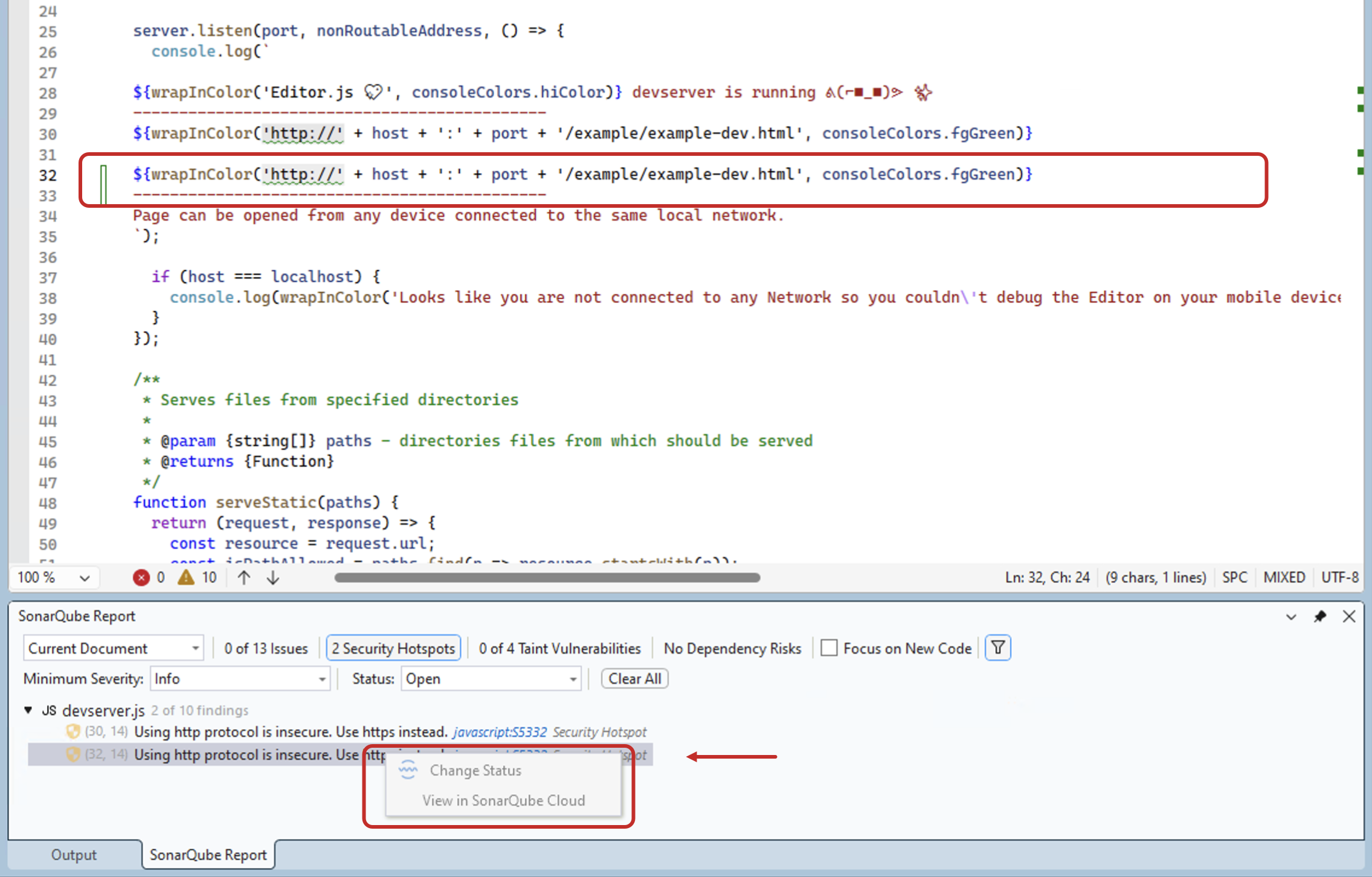 When your locally detected hotspot does not match one found on the server, SonarQube for Visual Studio will not provide the option to open the issue on the server.