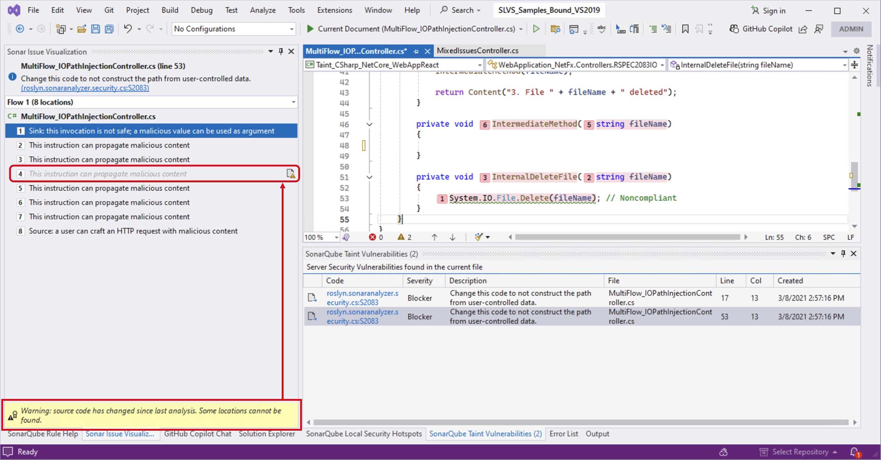 The Sonar Issue Visualization window will reveal more information about issues with secondary locations. This screenshot shows a non-navigable location, where the source code does not match what's found on the server.