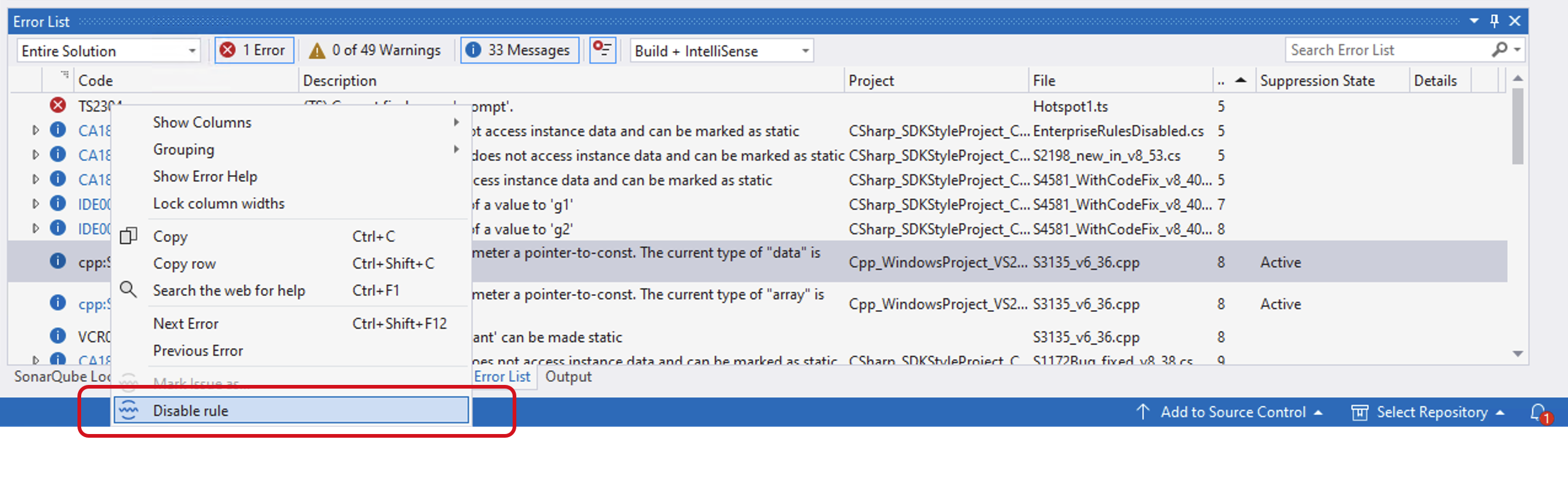 SonarQube rules can be disabled directly in the IDE. Disabled rule are only respected when not running in connected mode with SonarQube (Server, Cloud) or SonarQube Community Build.
