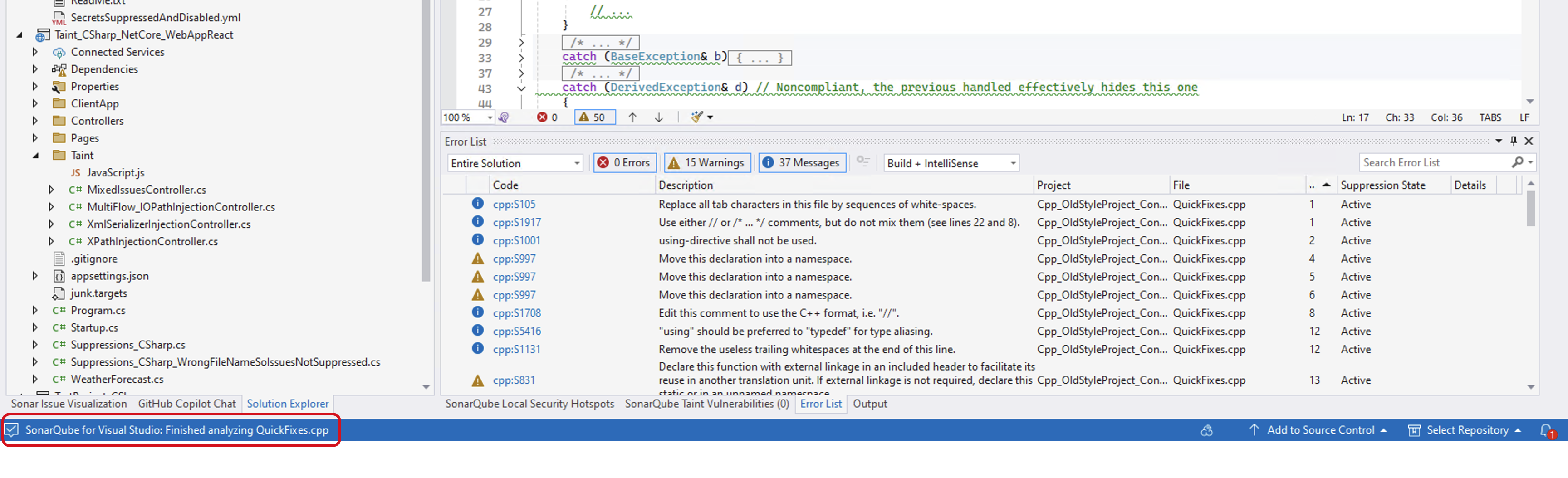 SonarQube for Visual Studio has finished the analysis. The state of the analysis is reported in the Visual Studio Status Bar