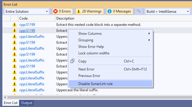 Sonar rules can be disabled directly in the IDE.