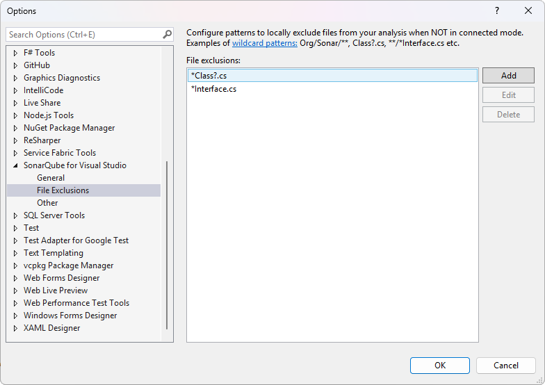 Add wildcard patterns to SonarQube for Visual Studio to exclude files from a local analysis. Locally defined file exclusions are ignored when in connected mode.