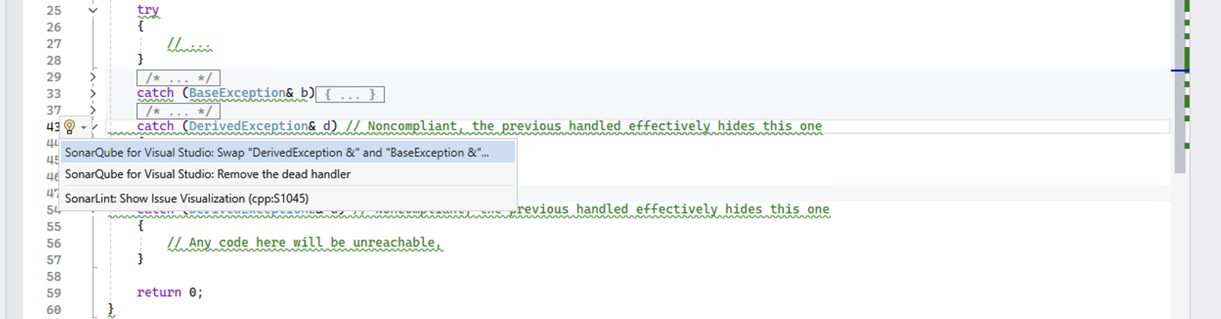 The SonarQube for Visual Studio quick fix menu will pop up when you click on the lightbulb.