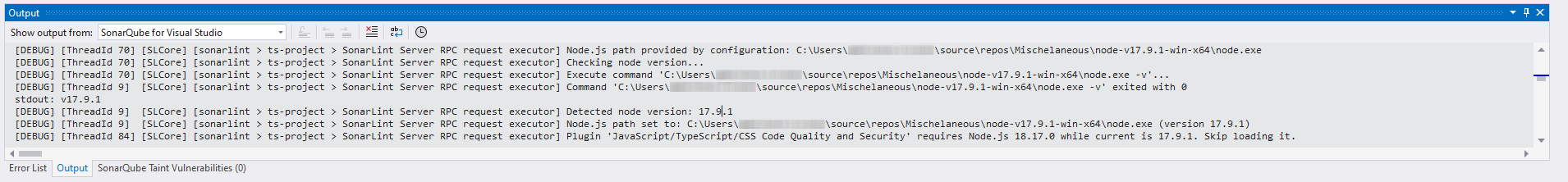 Your Output window will look similar if a compatible Node.js version is not found by SonarQube for Visual Studio