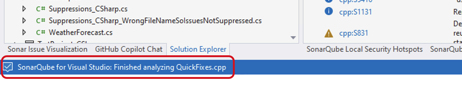 The Visual Studio status bar will update when SonarQube for Visual Studio has finished the analysis.