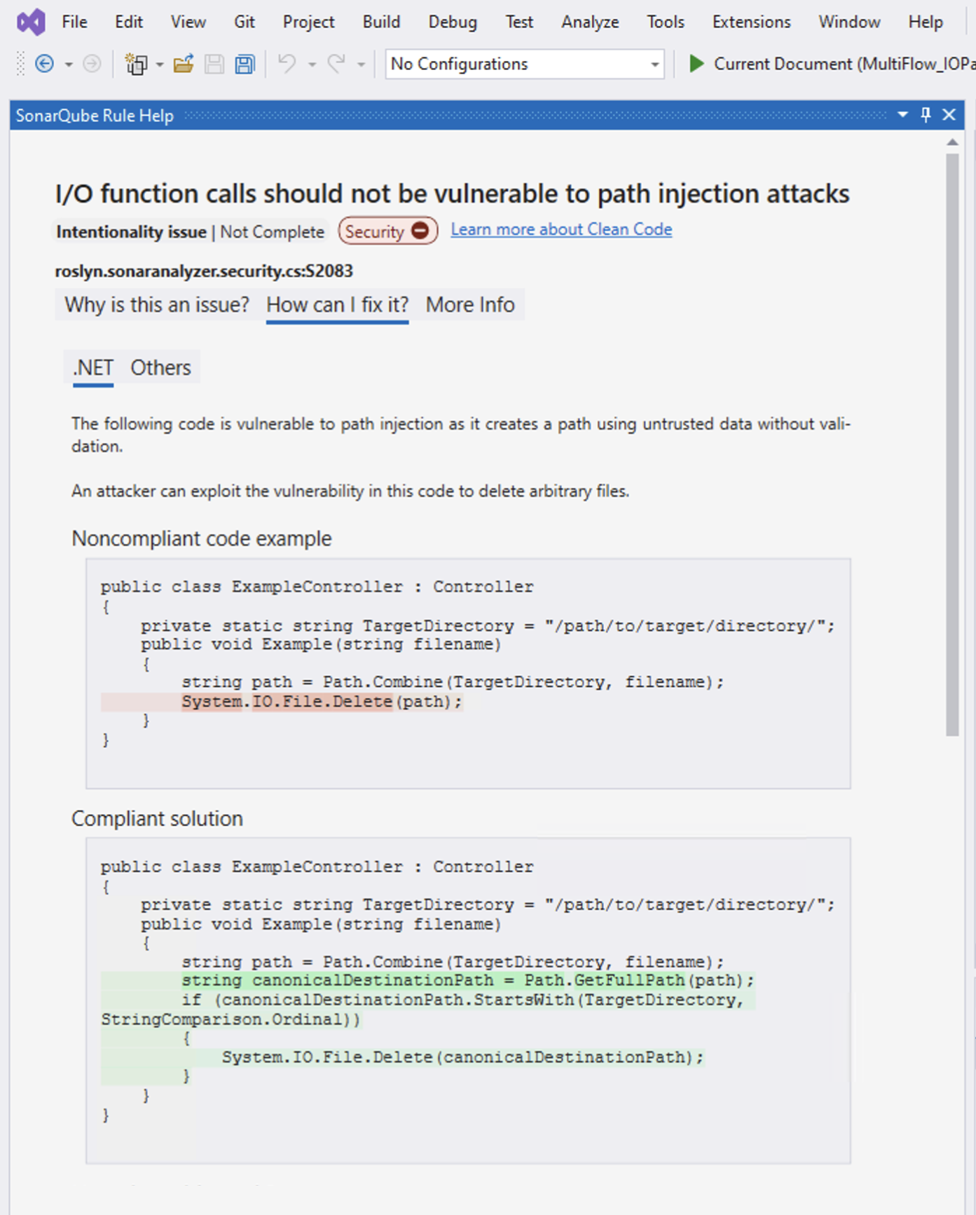 SonarQube for IDE will give you a noncompliant (in red) and compliant (in green) code sample when available to help you fix your issue.