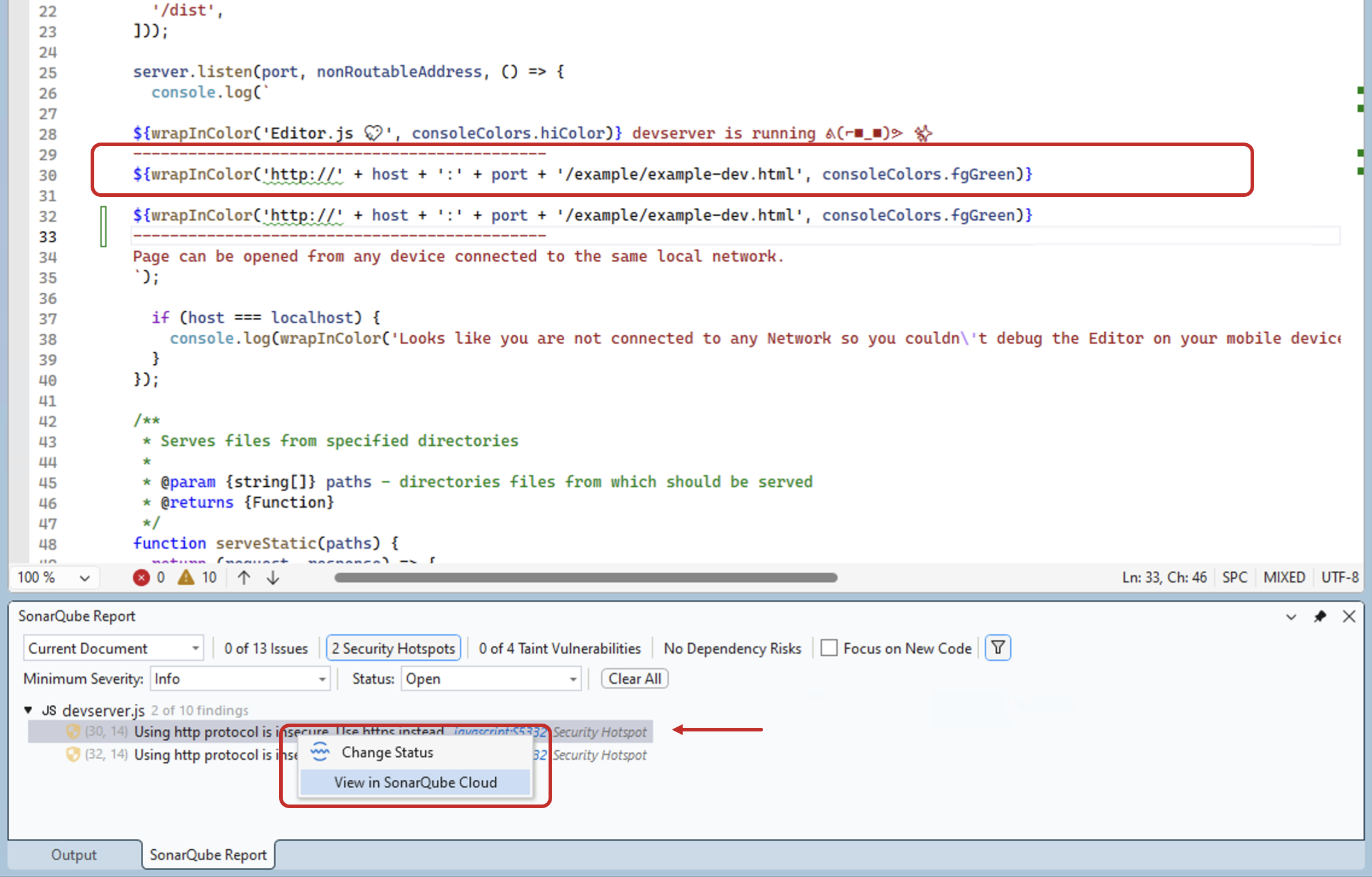 When your locally detected hotspot matches one found on the server, SonarQube for Visual Studio provides the option to open the issue on the server.