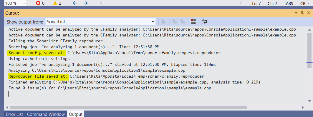 Where you can find your Reproducer file in SonarLint for Visual Studio v4.27.