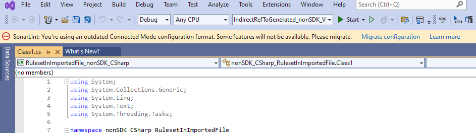 SonarQube for Visual Studio will provide you with a gold bar to explain that some features are not available.
