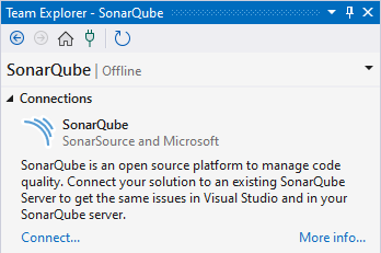 The Team Explorer - SonarQube window will help you connect to either SonarQube Server or Cloud..