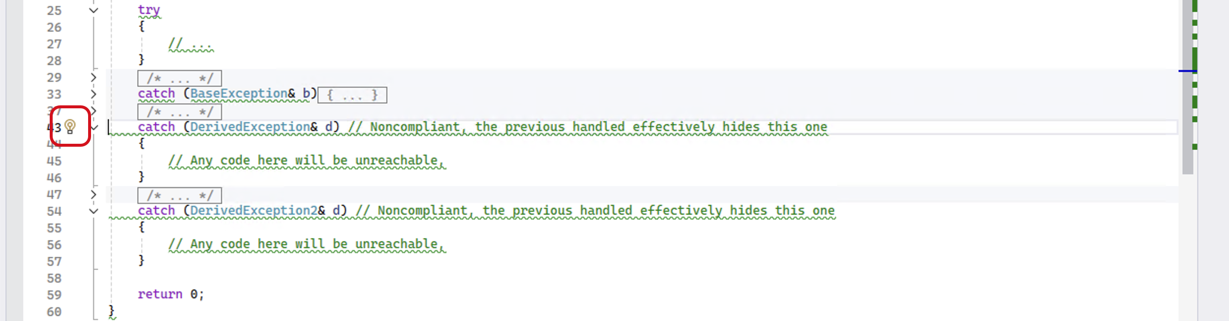 The appearance of a lightbulb will let you know that SonarQube for Visual Studio found an issue.