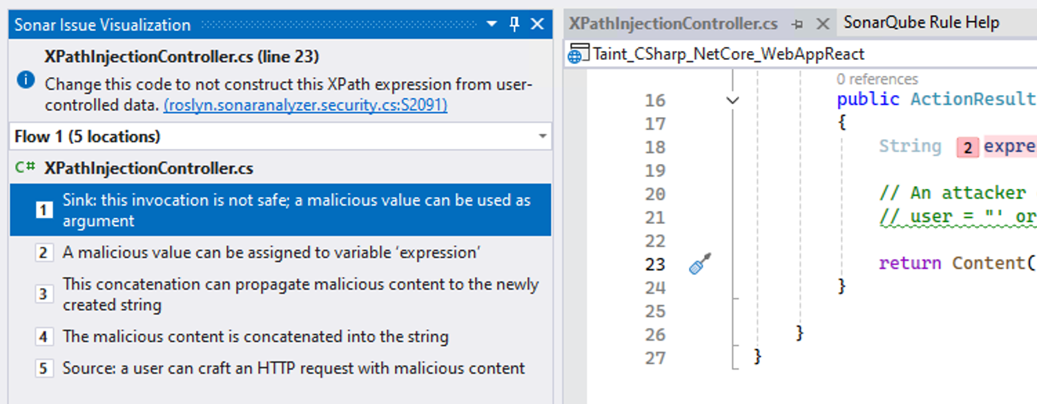 Secondary issue locations found by SonarQube Server or Cloud will be visualized in the Visual Studio code editor.